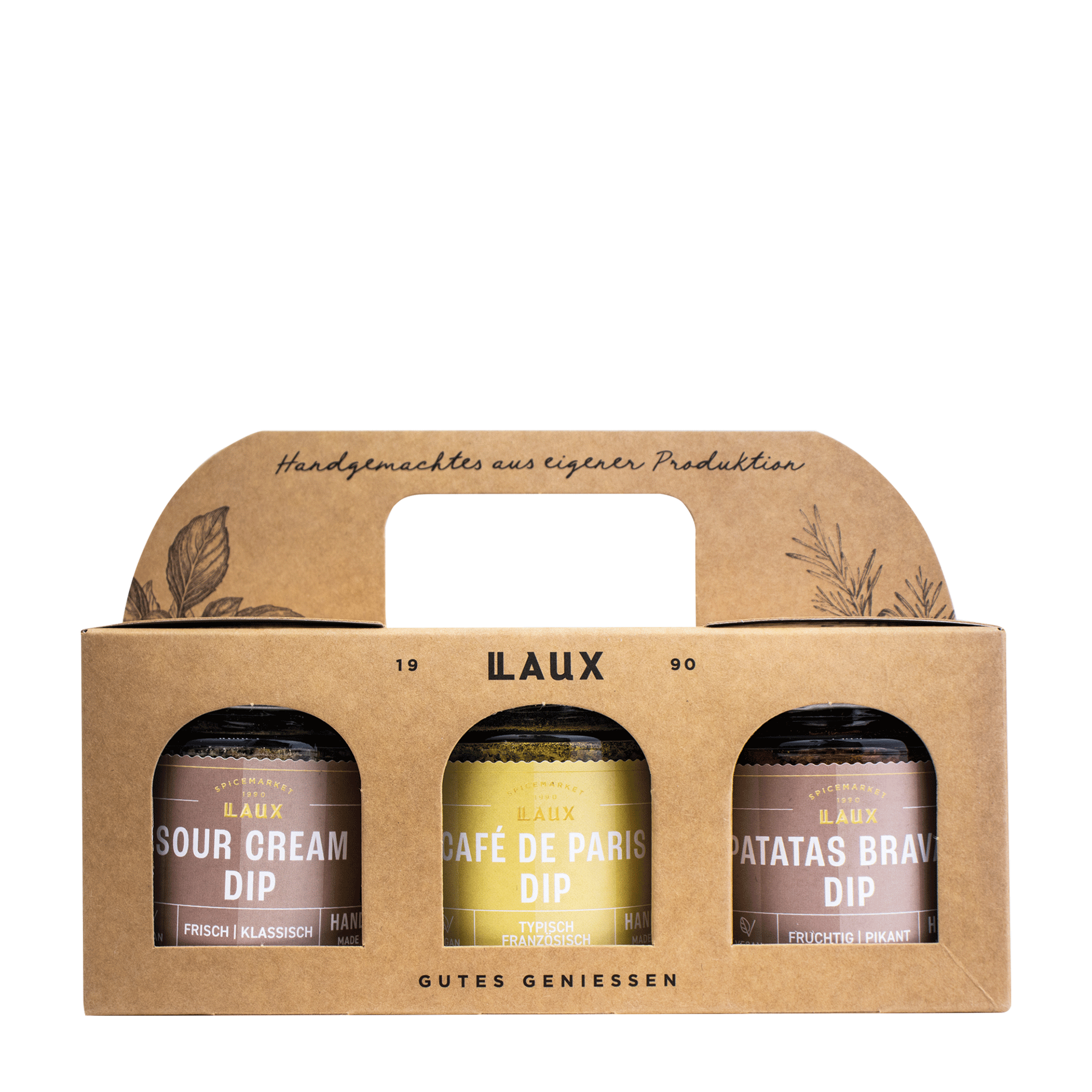 LAUX Dippen & Würzen Geschenkset mit Sour Cream Dip, Café de Paris Dip & Patatas Bravas Dip